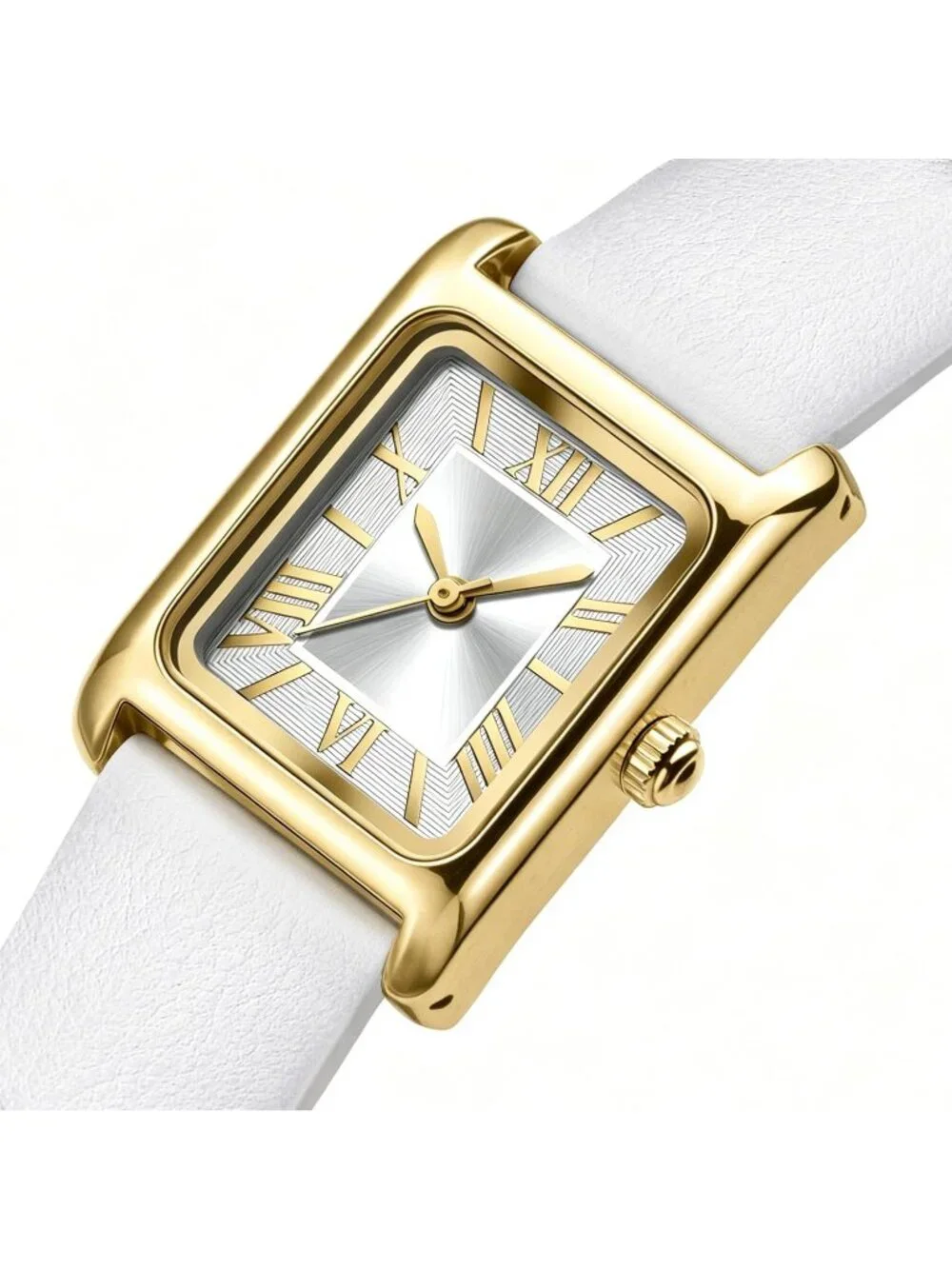 Women's White Gold Roman Numerals Leather Strap Square Face Analog Vintage Watch